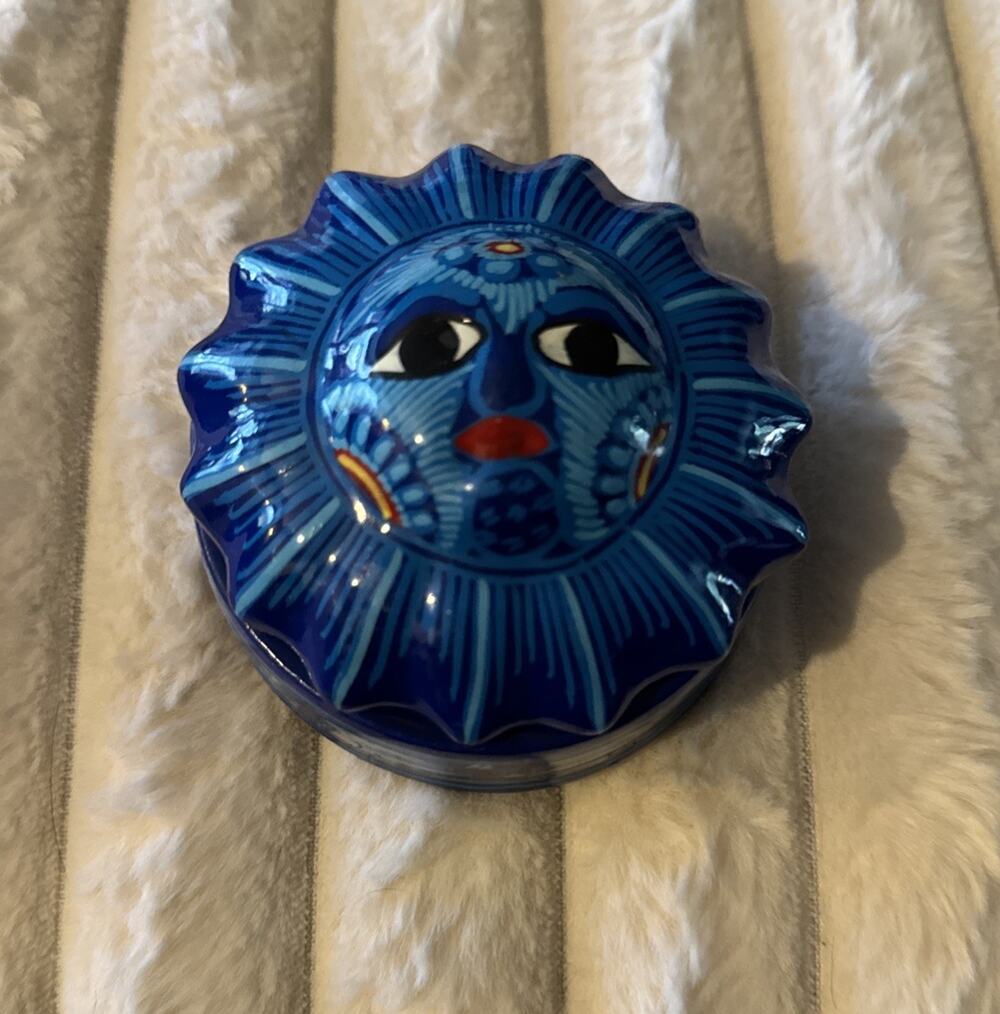 Celestial Blue Mexican Folk Art Sun Terra Cotta Trinket Box 3" Whimsygoth 90s